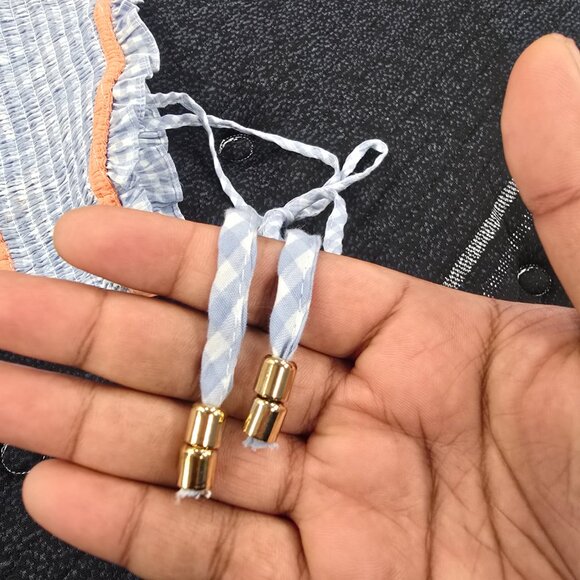 Lumière Women's Tie Shoulder Smocked Fit&Flare Blue & White Gingham Midi Dress L - Picture 7 of 12